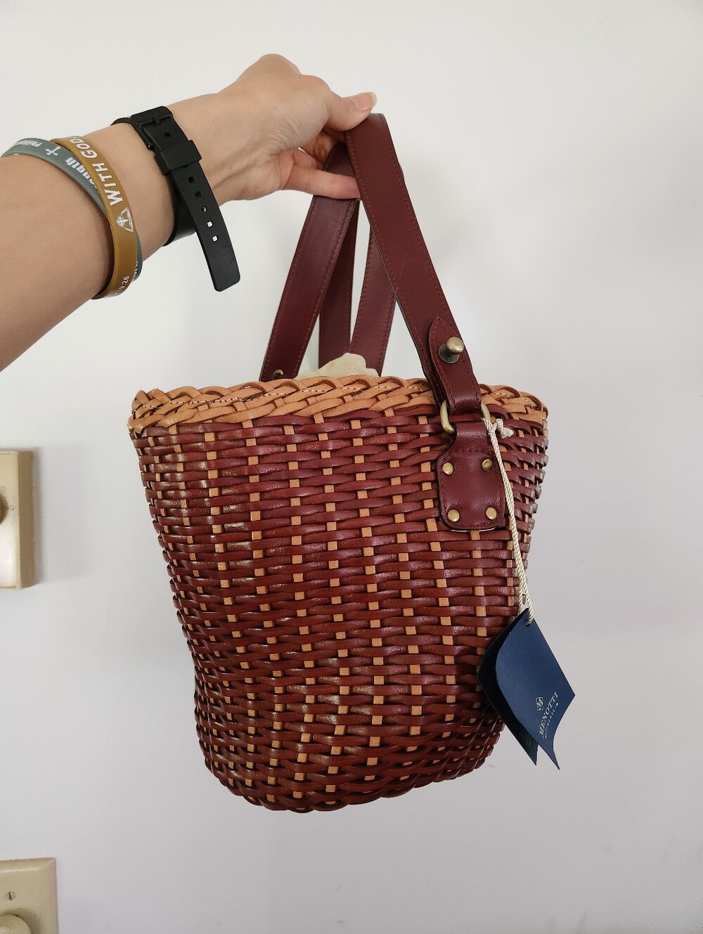 New Woven Leather-Trim Basket Tote in Burgundy and Tan